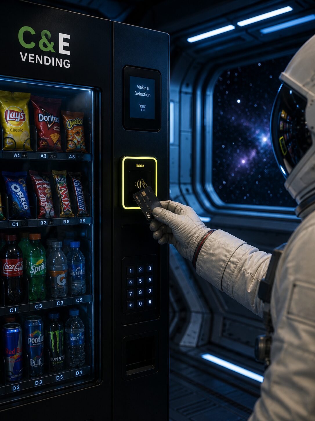Customer tapping credit card on smart vending machine